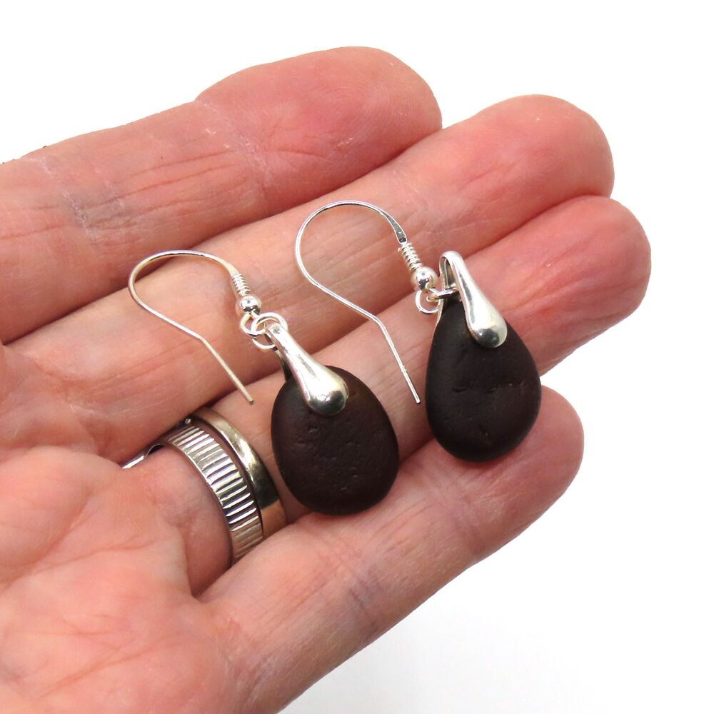 Toffee Brown Sea Glass Sterling Silver Drop Earrings  e377