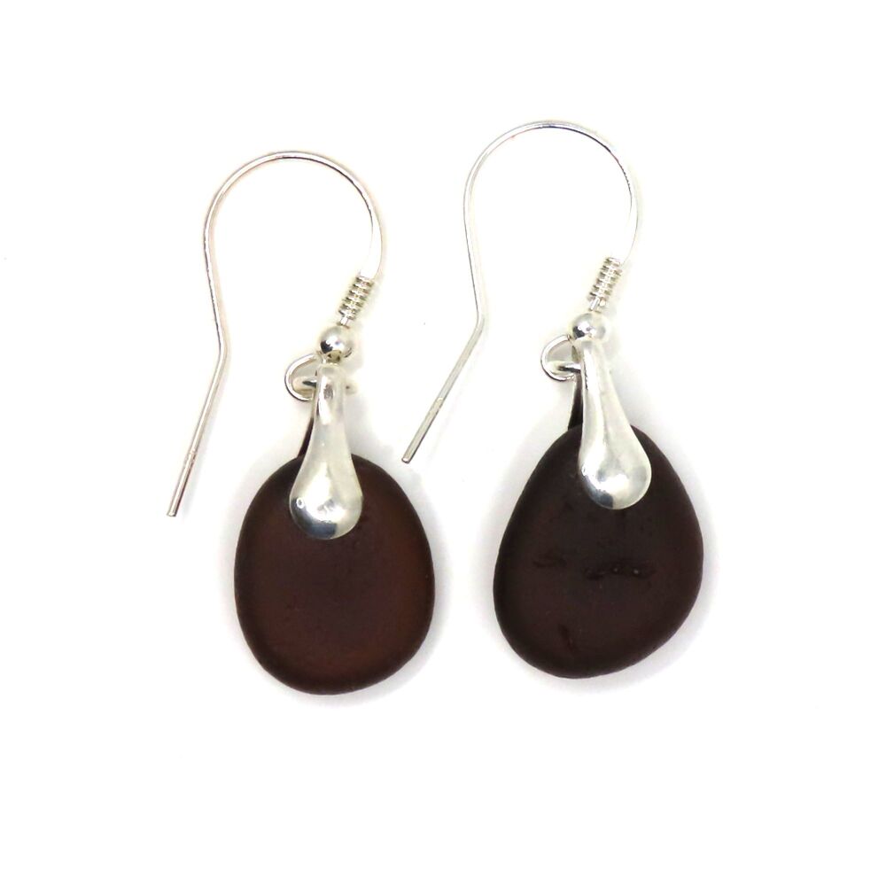 Toffee Brown Sea Glass Sterling Silver Drop Earrings  e377