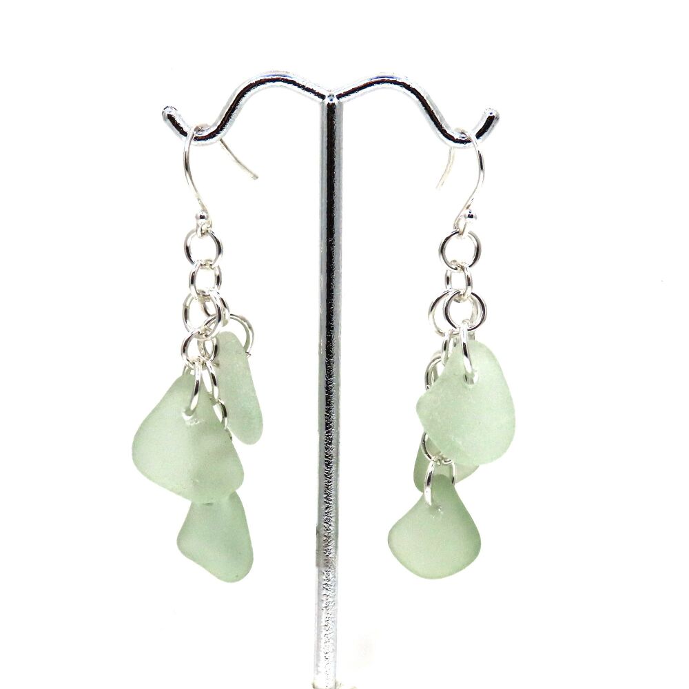 Shades of Seafoam Sea Glass and Sterling Silver Cluster Earrings e391