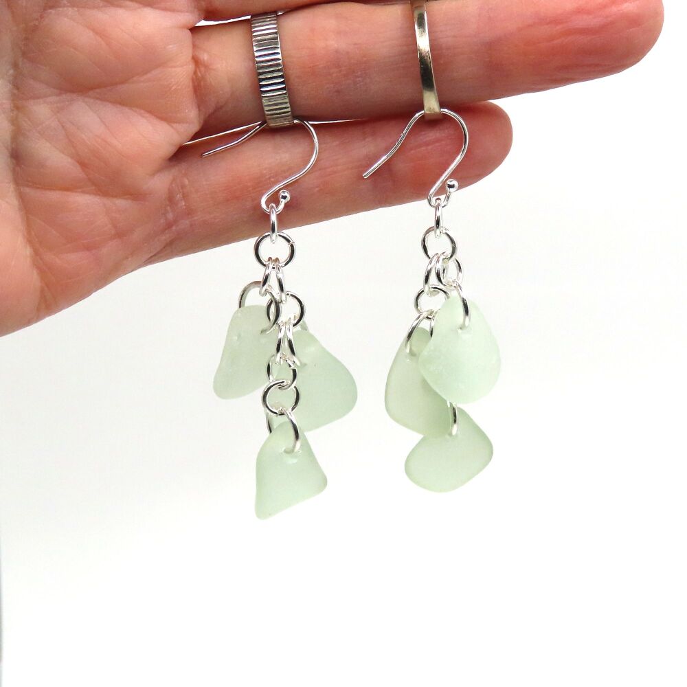 Shades of Seafoam Sea Glass and Sterling Silver Cluster Earrings