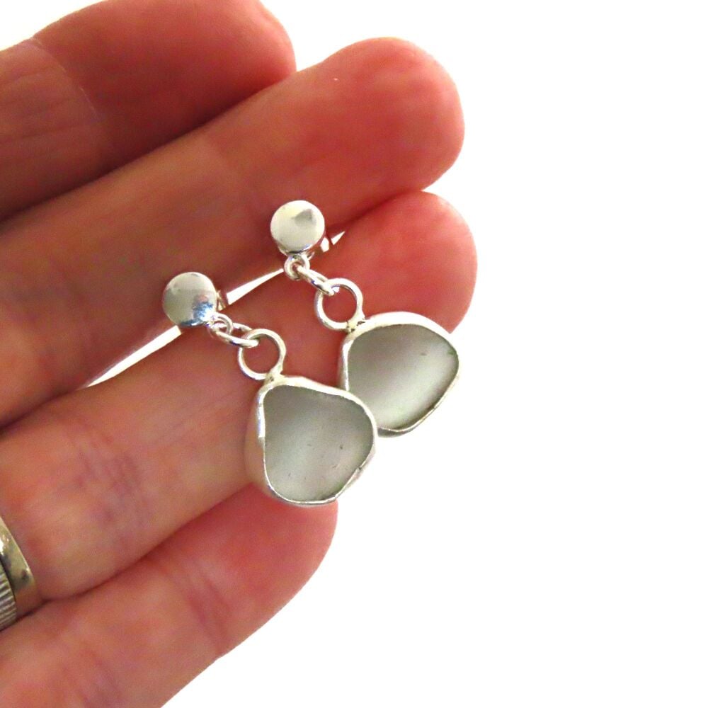 Seafoam Blue Bezel Set Stud Sea Glass Earrings e380