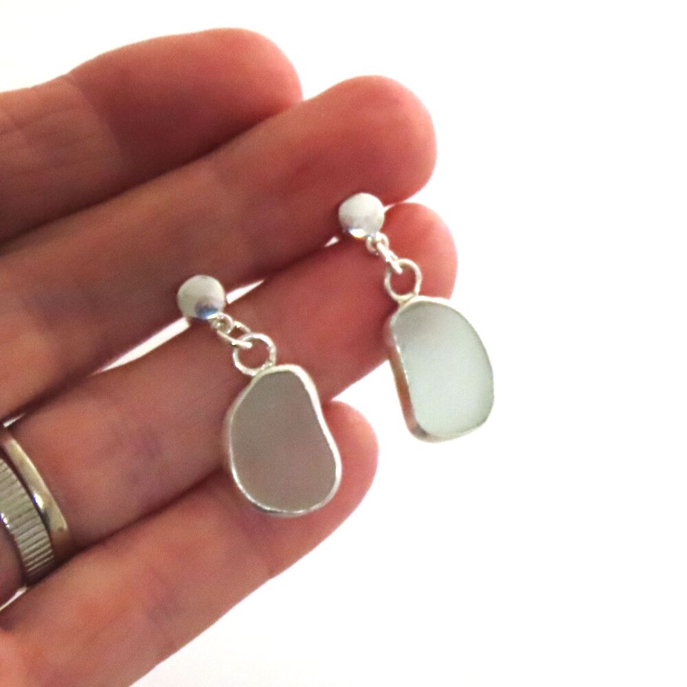 Seafoam Blue Bezel Set Sea Glass Stud Earrings e381