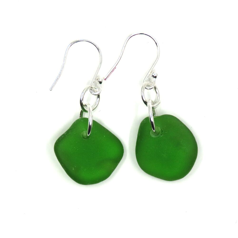 Beautiful Green Sea Glass Sterling Silver Earrings  e402