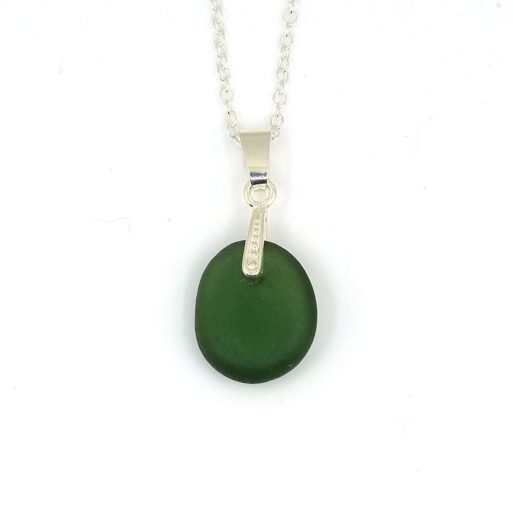 Moss Green Sea Glass and Silver Necklace JASMIN