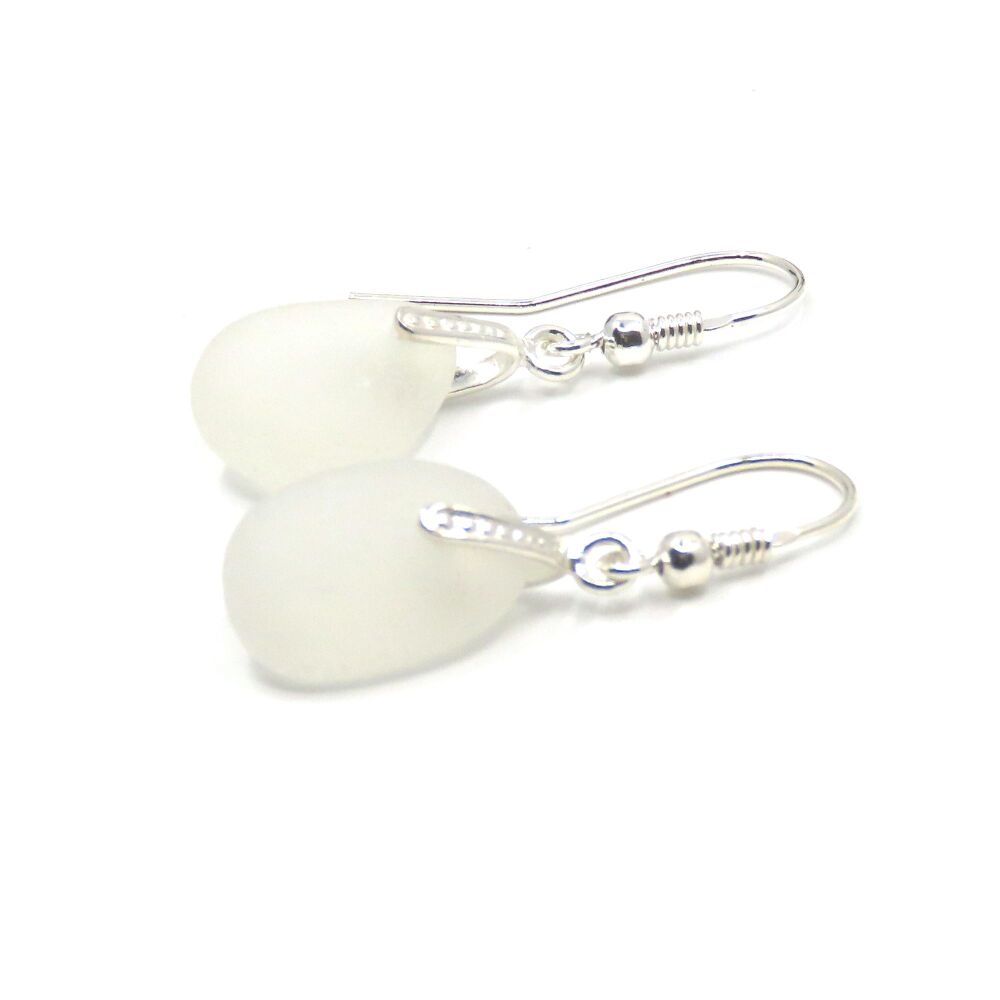 White  Sea Glass Drop Earrings, Sterling Silver Dangle Jewellery e404