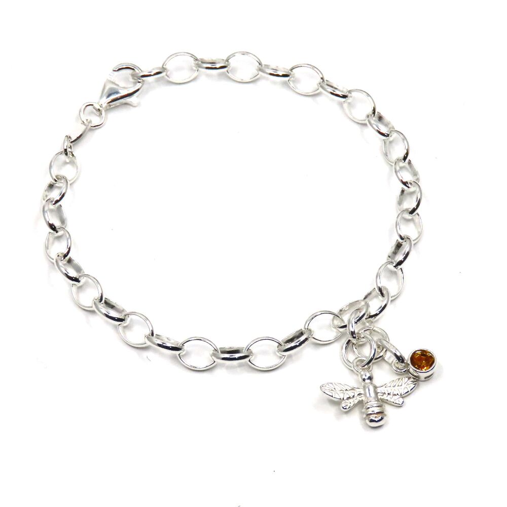 Sterling Silver Bee Bracelet with Birthstone | Personalised Bee Jewellery Gift for Her