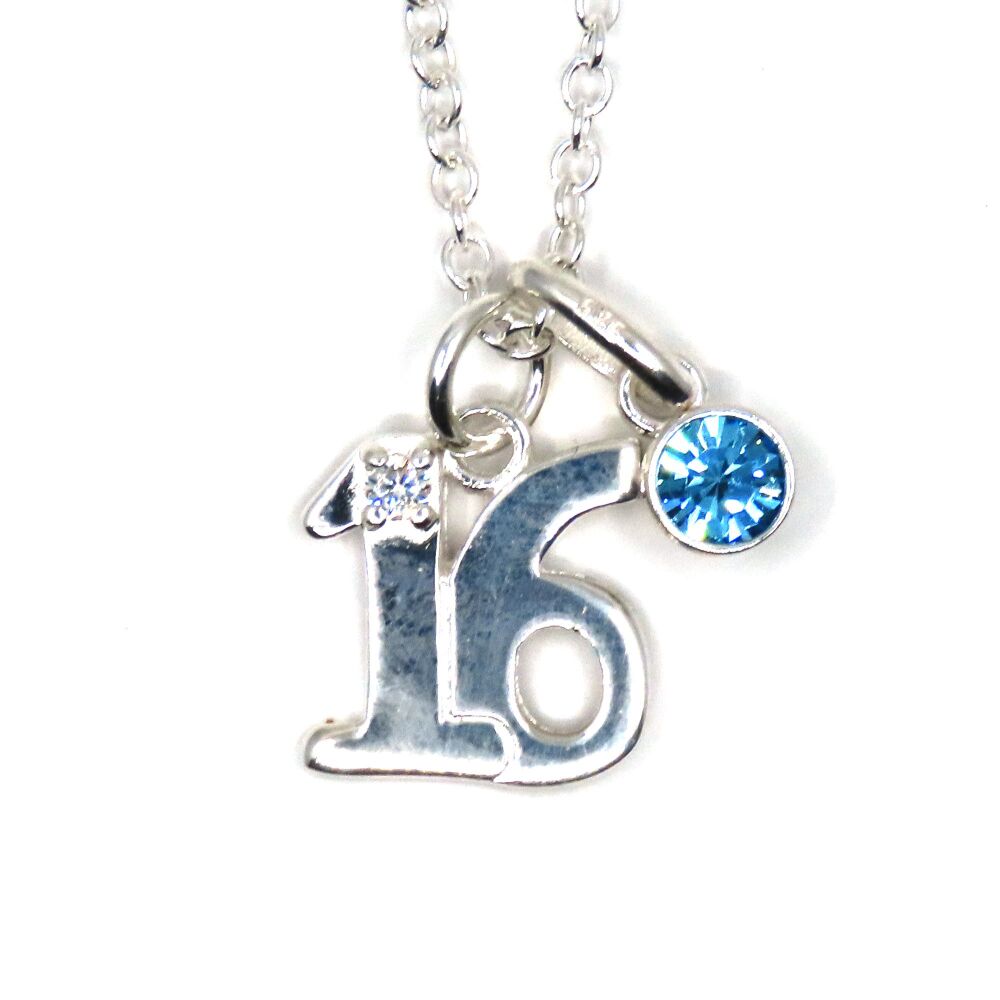 Sweet 16 Birthday Necklace, Sterling Silver 16 Charm & Crystal Birthstone Necklace, Personalised Gift for Daughter, Granddaughter, Niece