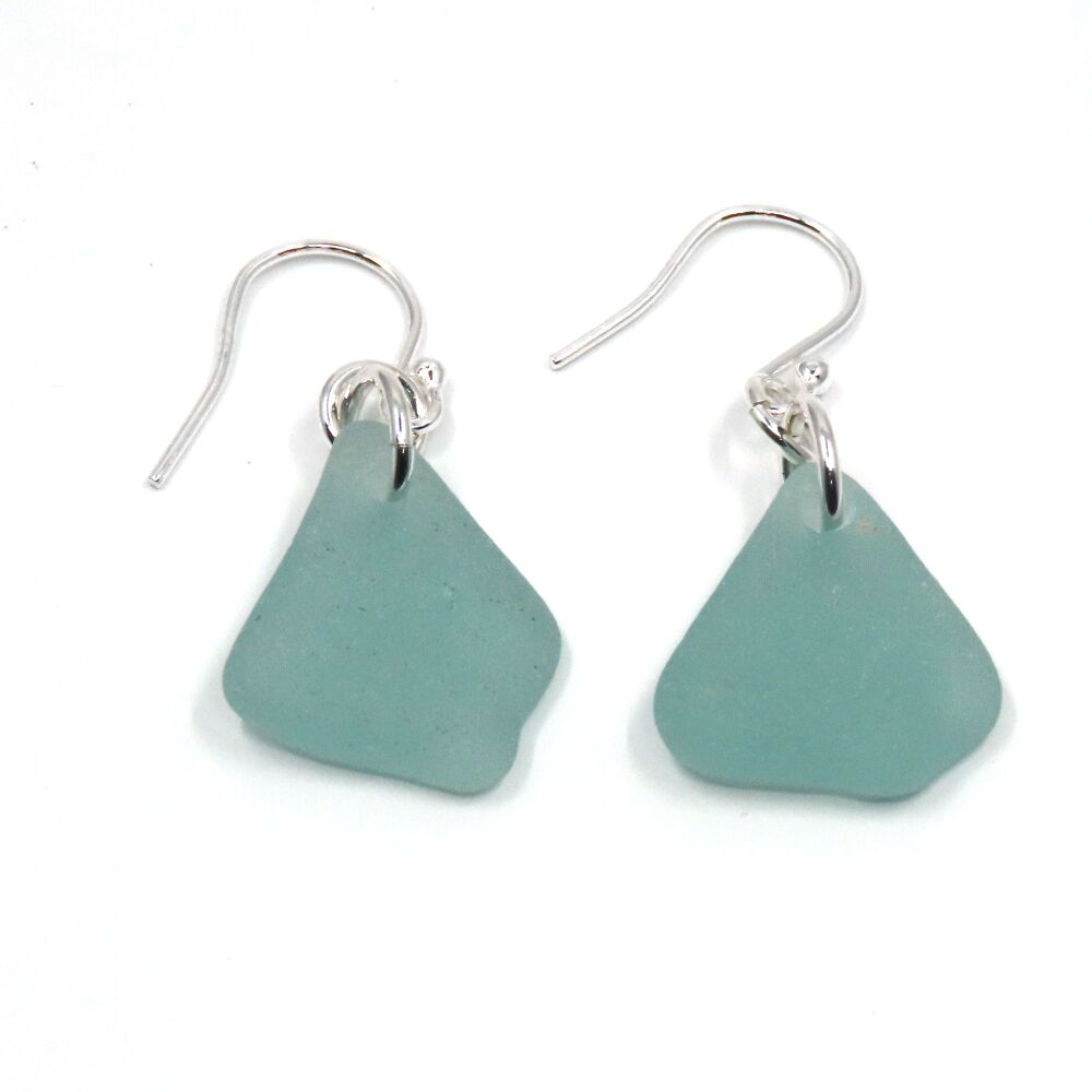 Aqua Blue Sea Glass Sterling Silver Drop Earrings e405