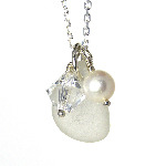 Snow White Sea Glass Necklace, Swarovski Crystal Birthstone and Pearl Necklace - Birthday, Wedding, Anniversary
