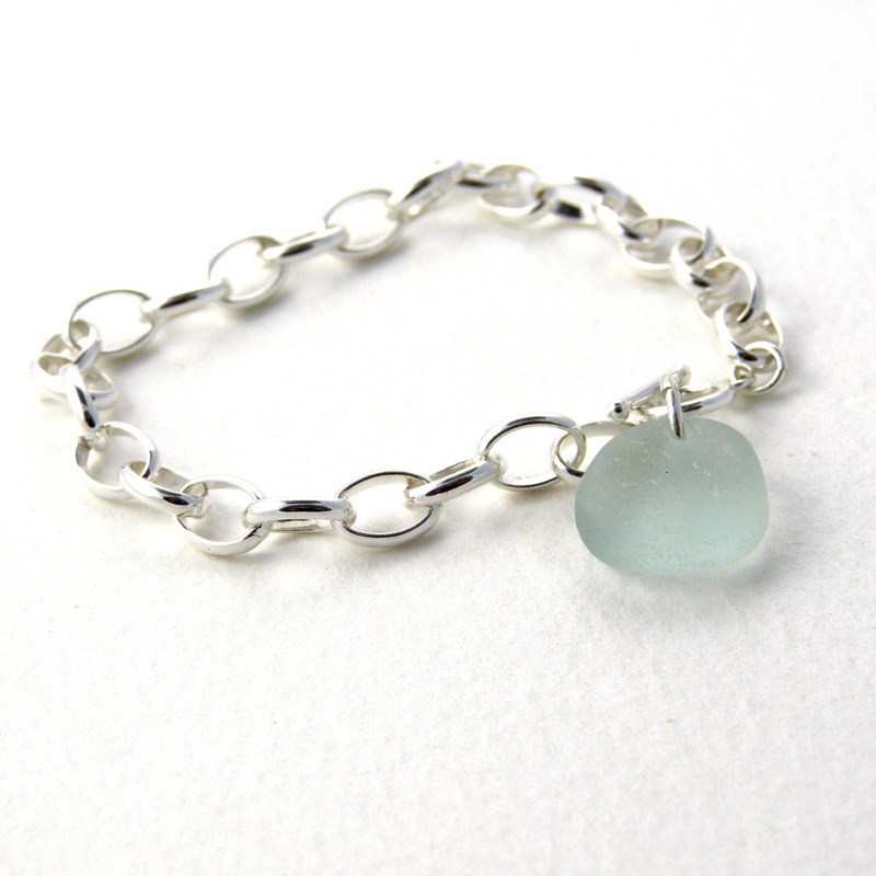 Sea glass and sterling silver chain bracelet