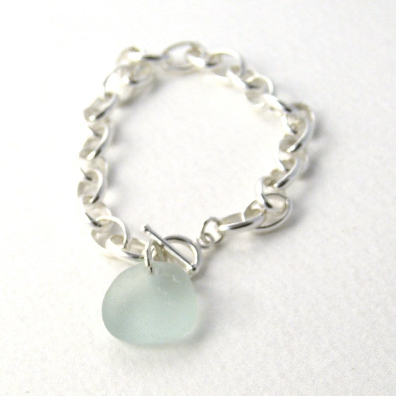 Sea glass and sterling silver chain bracelet