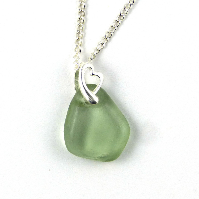 Soft green sea glass pendant necklace with sterling silver chain ELENA