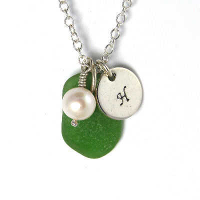 Personalised English Sea Glass Necklace - Handstamped Sterling Silver