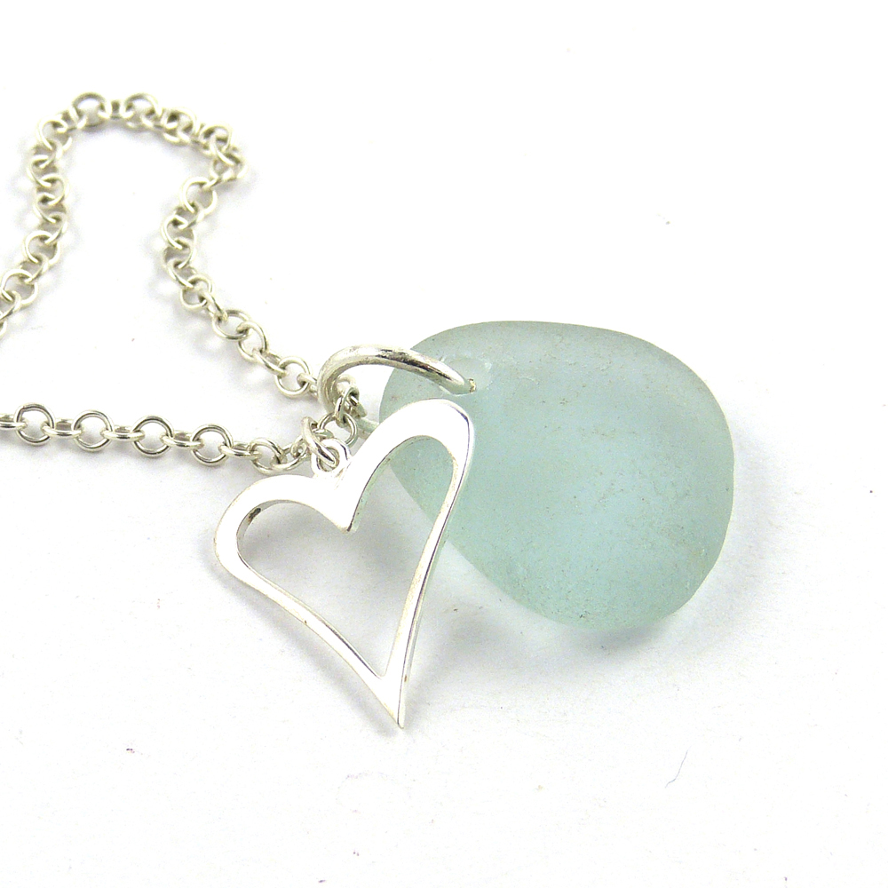 Sea Glass and Sterling Silver Heart Necklace, Modern, Bridal, Everyday - Ki