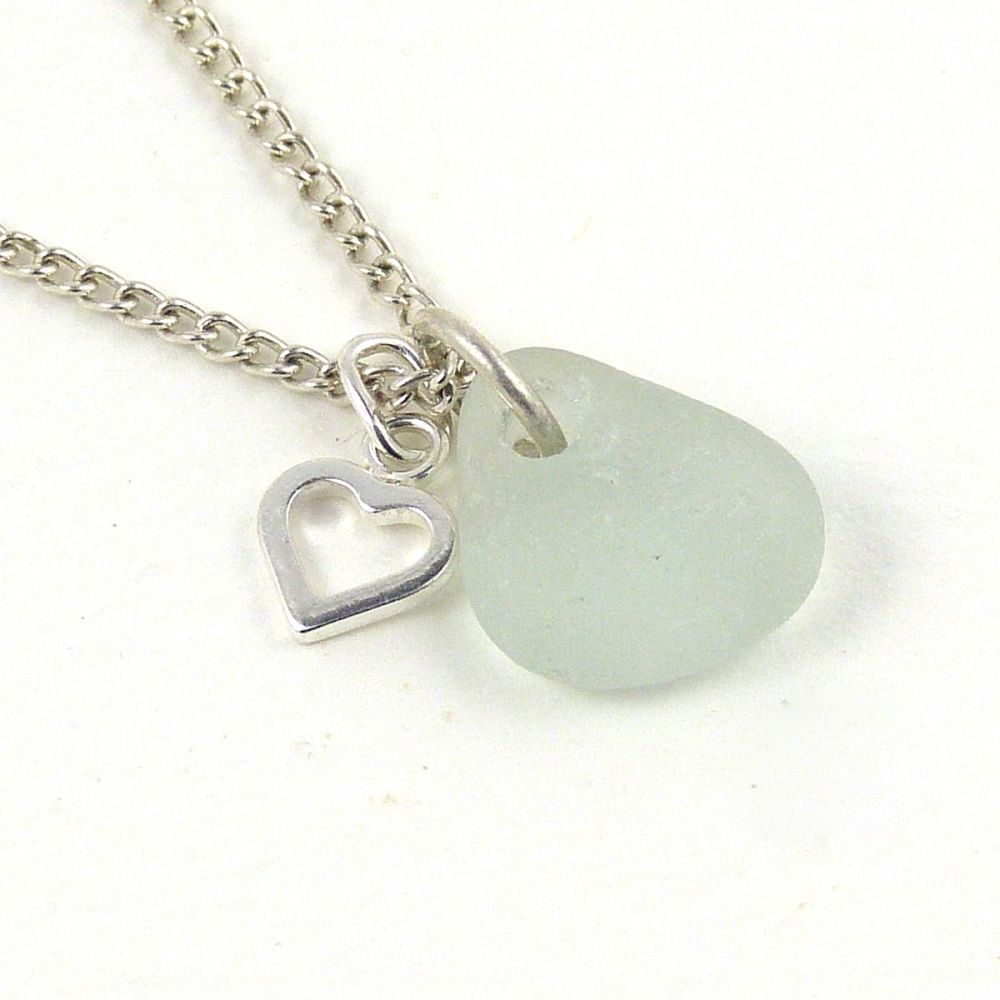 Sea Glass and Sterling Silver Heart Necklace, Modern, Bridal, Everyday MIYA