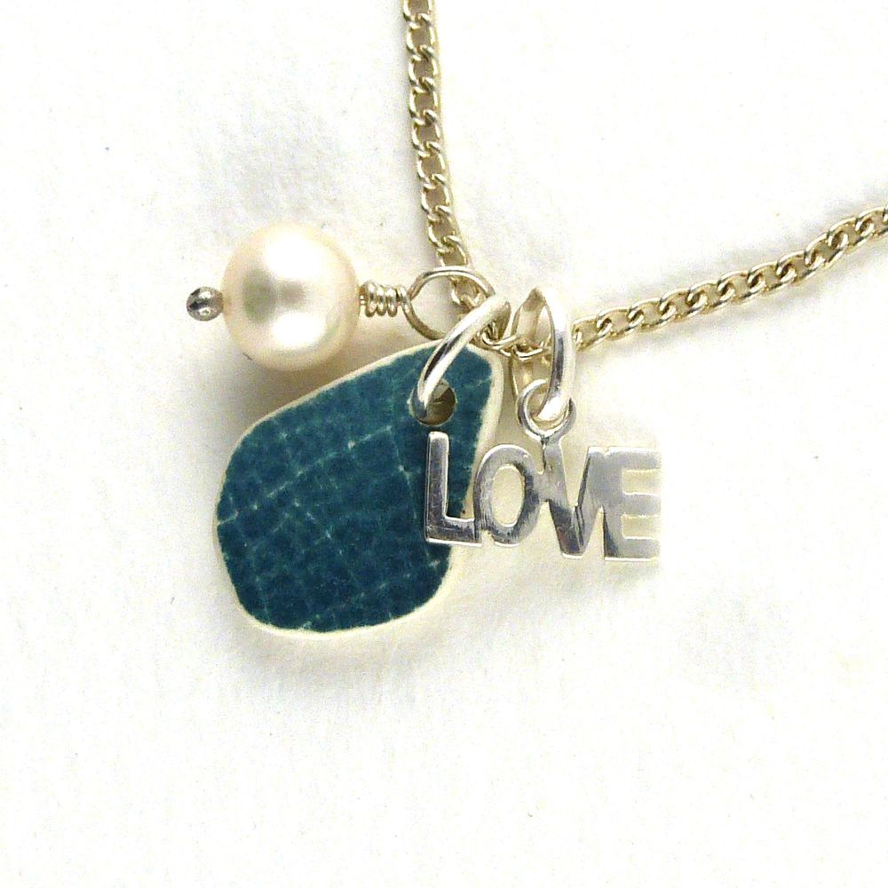 Jade Beach Pottery, Sterling Silver Love Charm, Freshwater Pearl Necklace