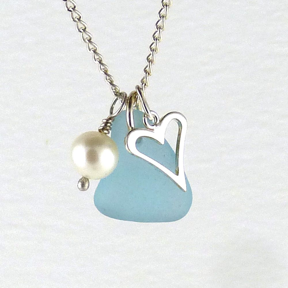 Sea Glass, Sterling Silver open heart charm, freshwater pearl Necklace