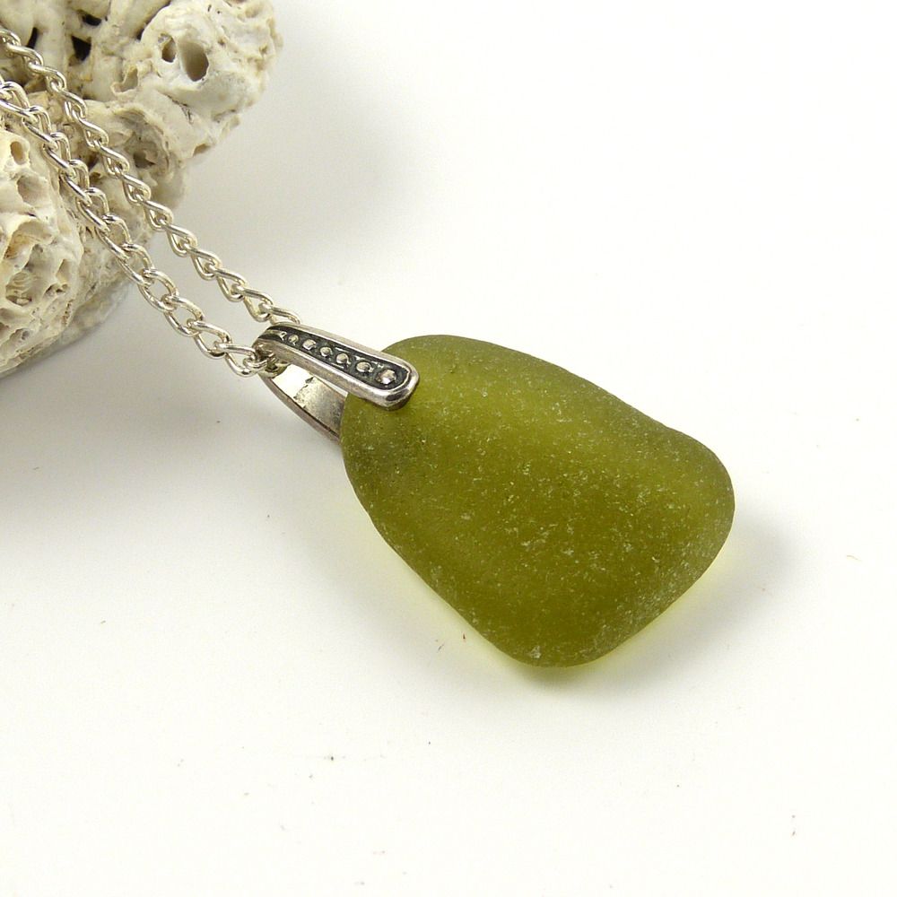 Deep Lime Green Sea Glass Necklace, MAYA