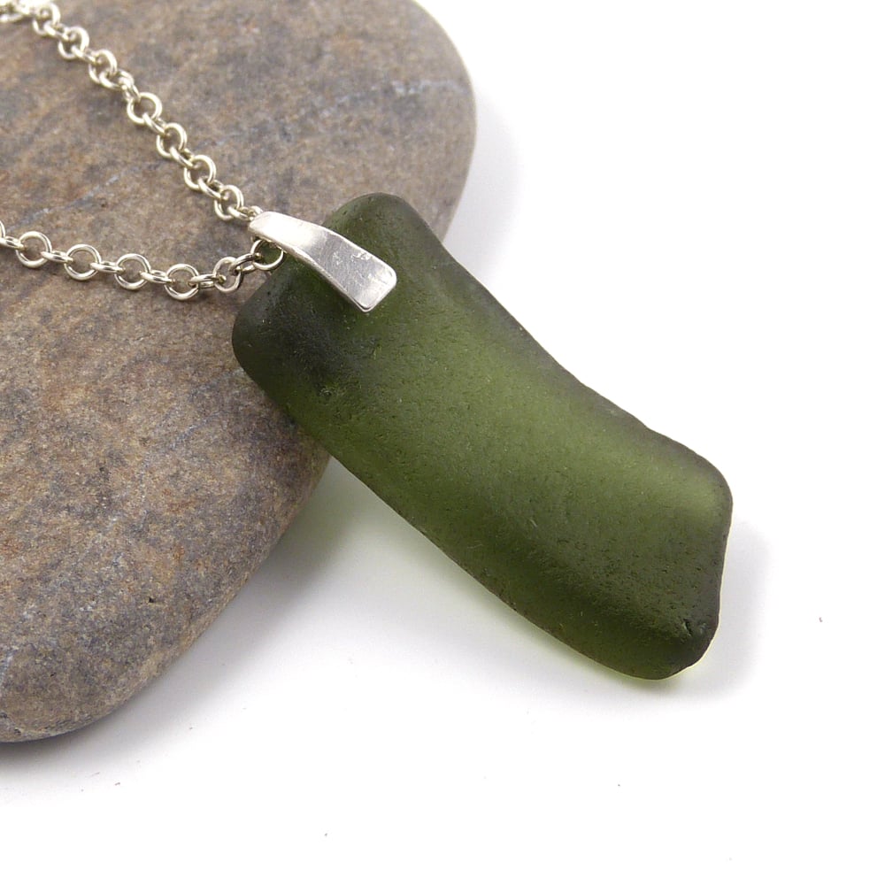 Green Sea Glass Necklace Sterling Silver Chain