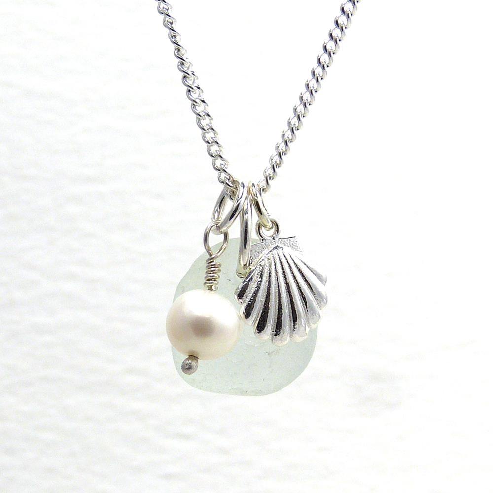 Seafoam Sea Glass and Silver Shell Charm Necklace  915