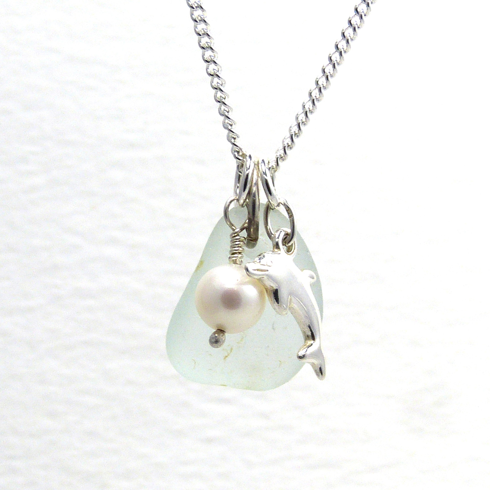 Seafoam Blue Sea Glass, Sterling Silver Dolphin and Freshwater Pearl ...