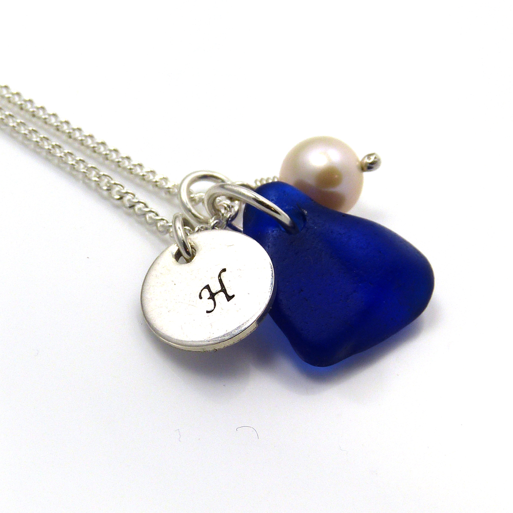 Cobalt Blue Sea Glass Personalised SS Disc Freshwater Pearl Necklace 