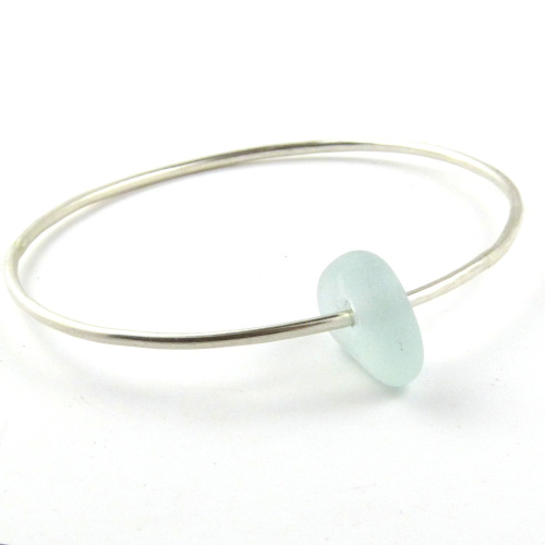 Sterling Silver Hammered Bangle with Pale Blue Sea Glass Gem