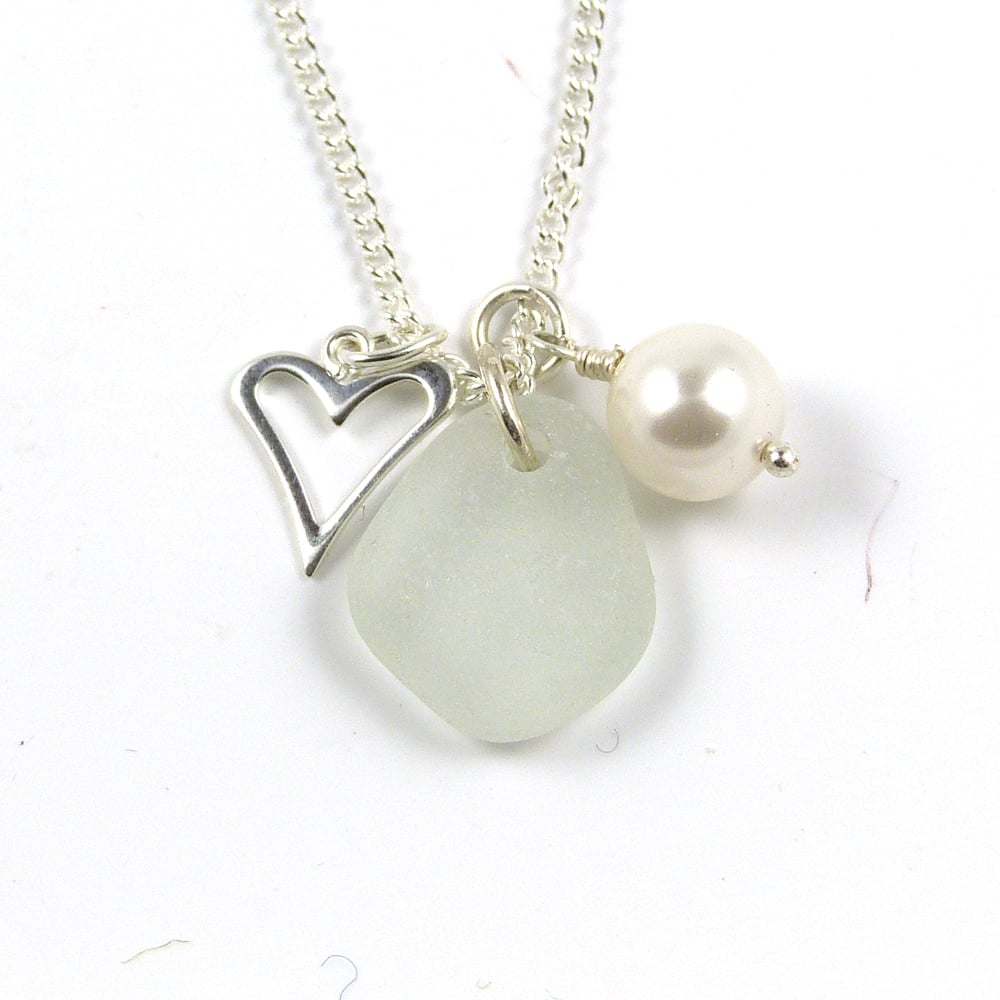 Sea Glass, Sterling Silver Heart, Swarovski Pearl Necklace