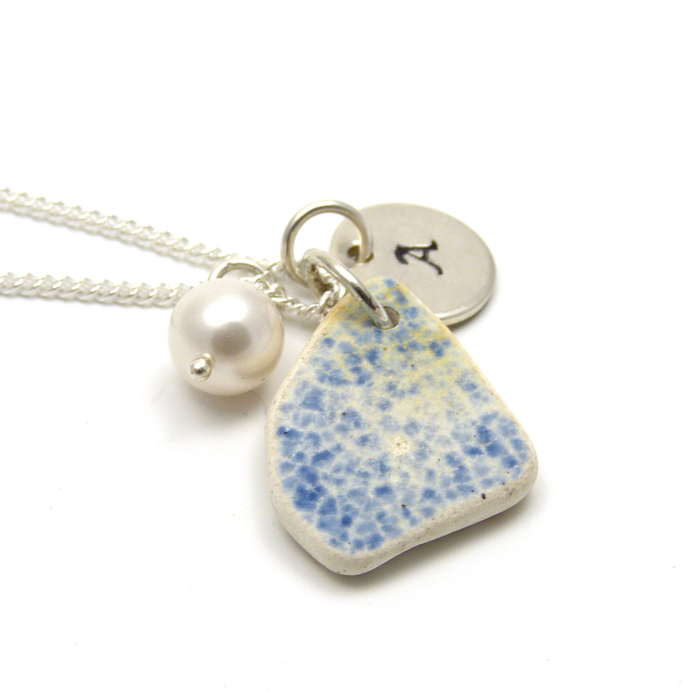 Personalised Blue and White Beach Pottery Necklace 