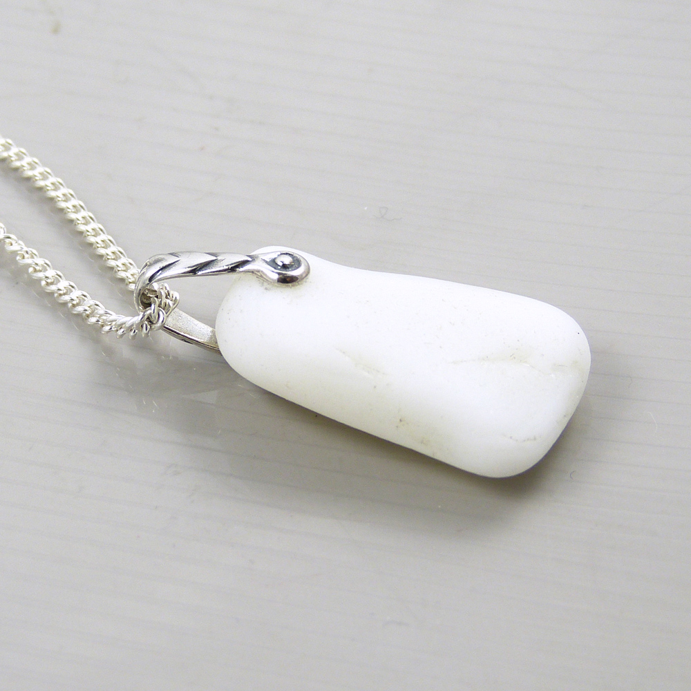White Milk Sea Glass and Silver Leaf Bail Necklace