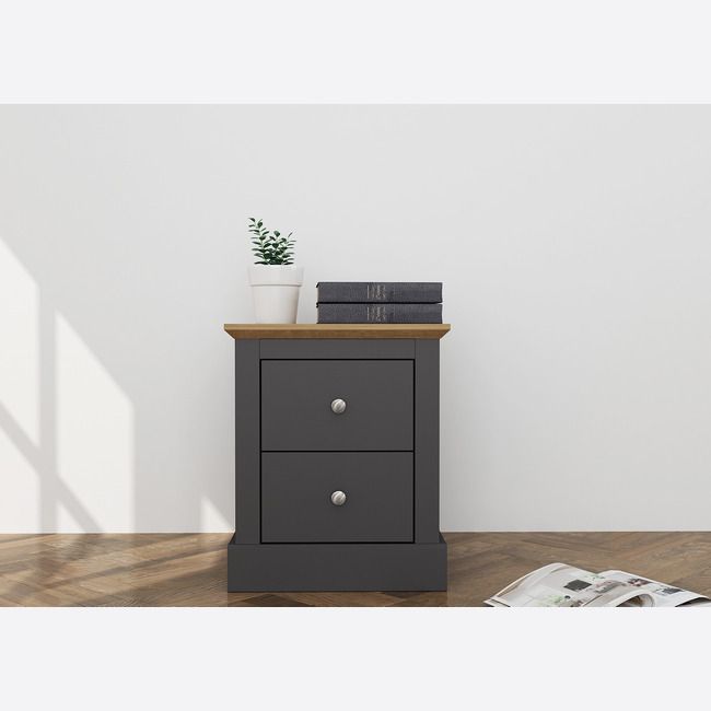 Devon Charcoal & Oak 2 Drawer Bedside Cabinet