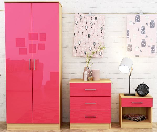 Dakota 3 Piece Bedroom Set - Pink Gloss & Oak