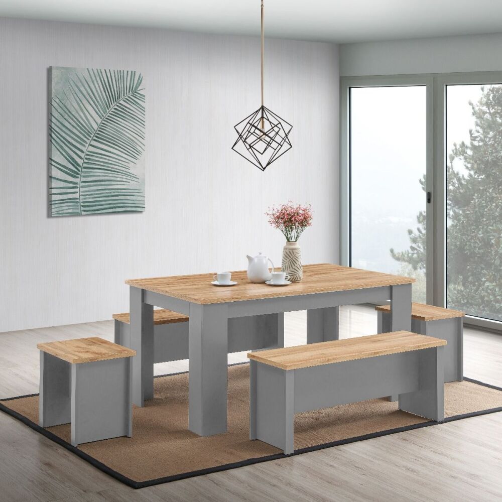 Llanelli Light Grey Dining Table 150cm with 2 Benches & 2 Stools