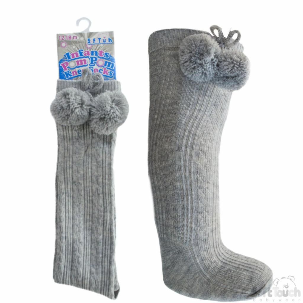 Soft Touch Grey Ribbed Knee Socks with Pompoms