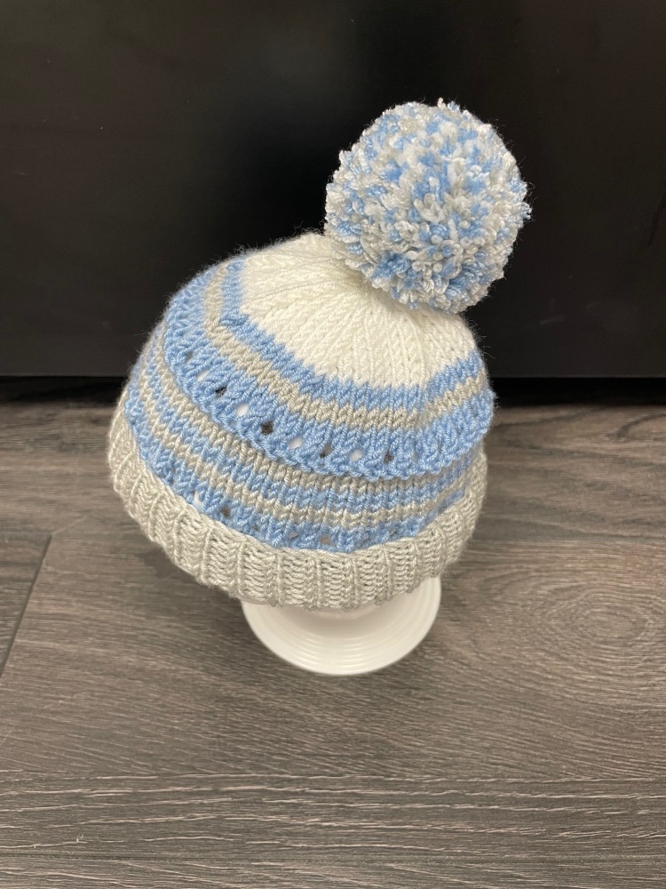 Stripe Pompom Hat. Size 0-3 months