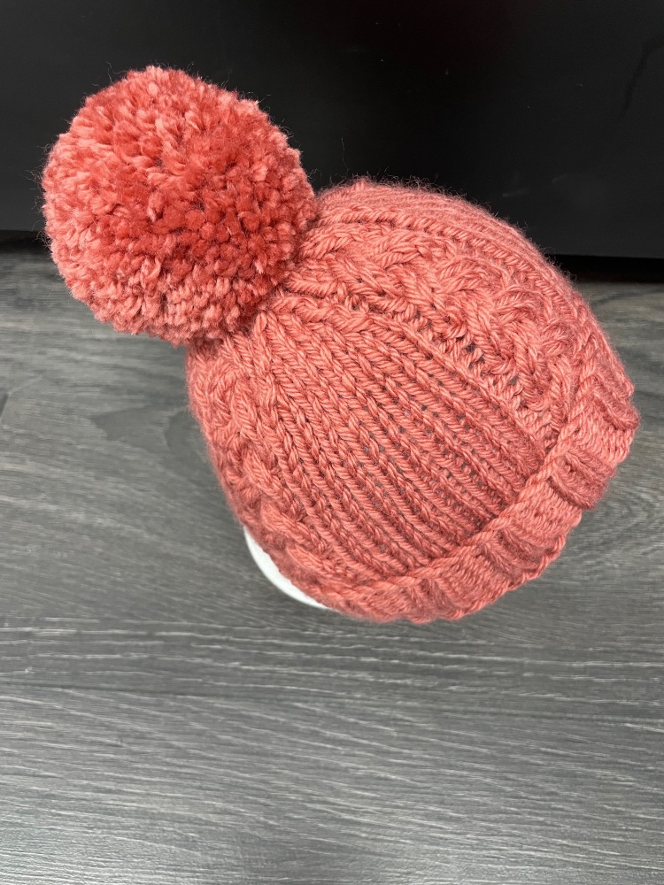 Chunky Knit Cable PomPom Hat in Coral. Age 1-2 Years.
