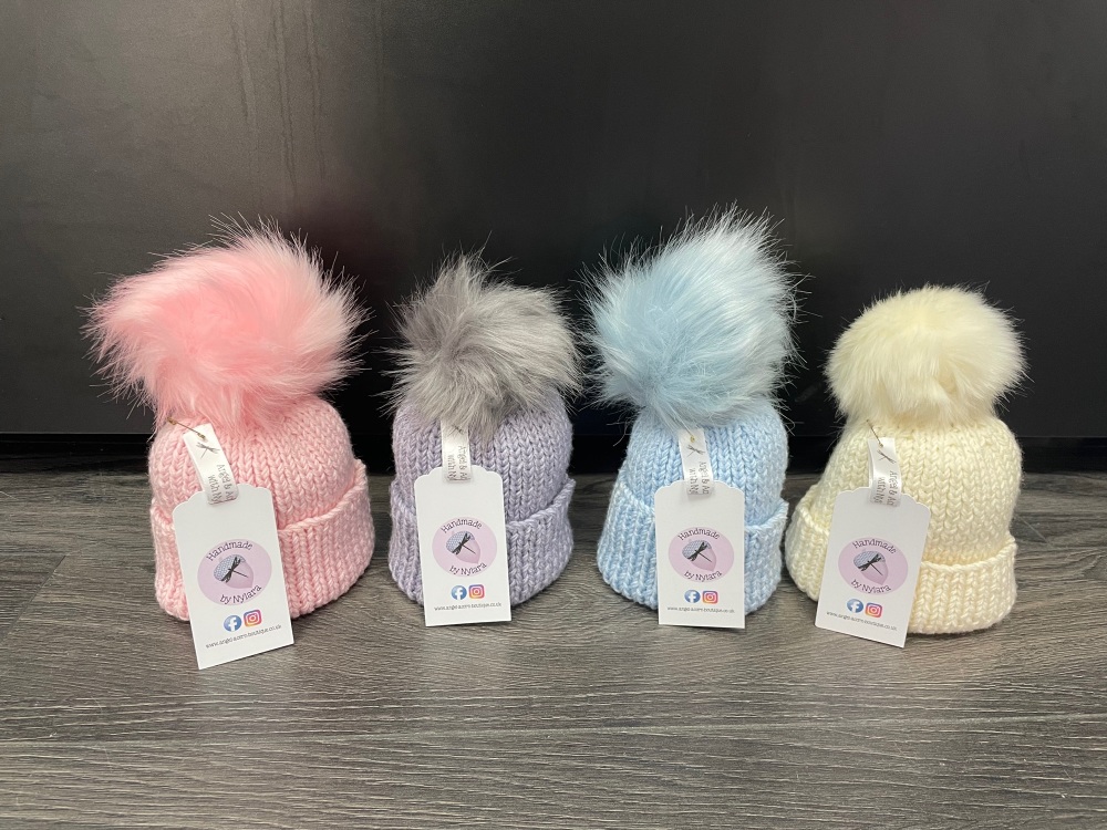 Ribbed Chunky Knit Faux Fur PomPom Hat. Various Colours.