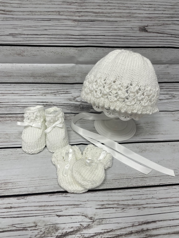 Traditional Hat, Bootie & Mitten Set in a Lace Design with Picot Edge.