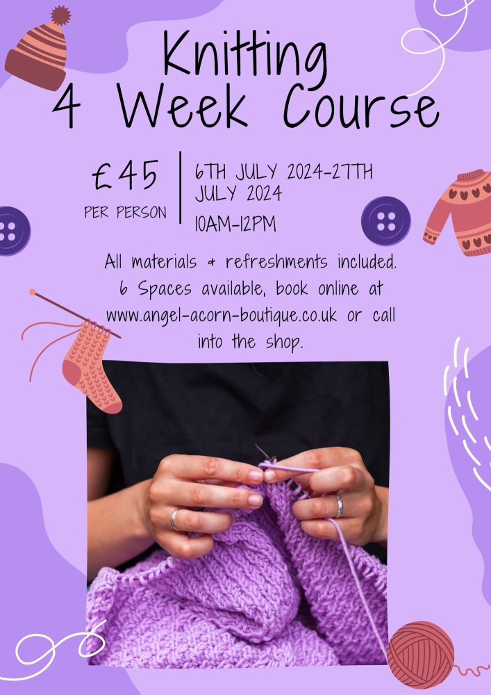 Learn To Knit 4 Week Course. Saturday 6th July-Saturday 27th July (inclusive) 10am-12pmT