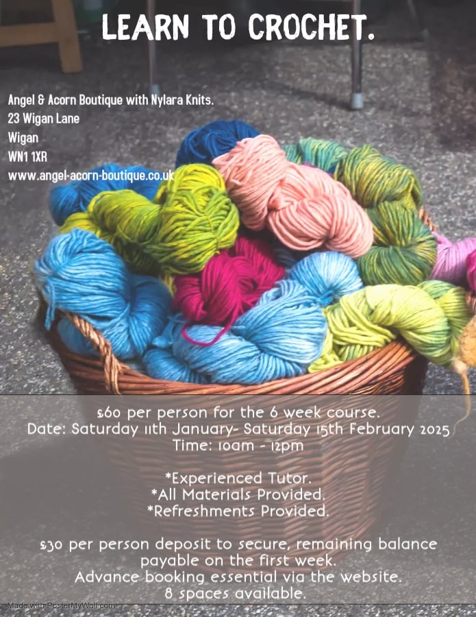 Learn to Crochet 6 Week Course. Saturday 11th January- Saturday 15th February 2025. 10am-12pm