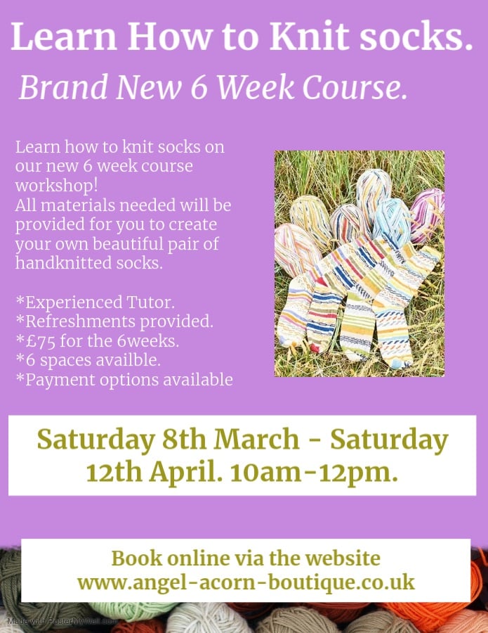 BRAND NEW!! Learn to Knit Socks 6 Week Course. Saturday 8th March-Saturday 12th April (inclusive) 2025. 10am-12pm