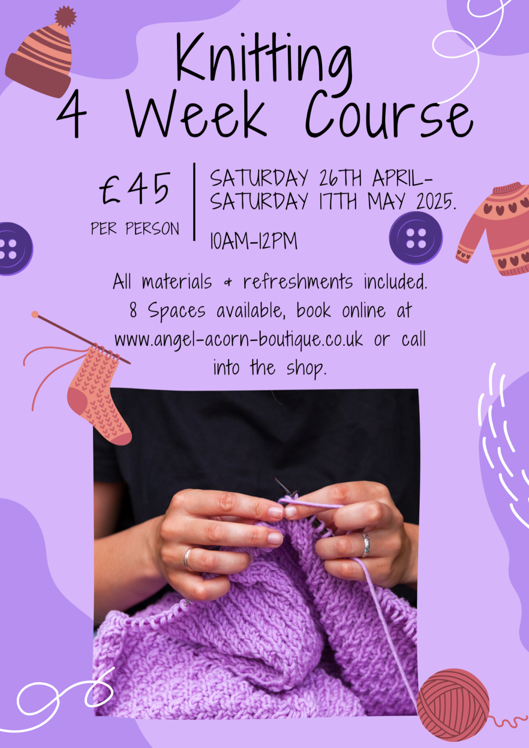 Learn To Knit 4 Week Course. Saturday 26th April- Saturday 17th May (inclus