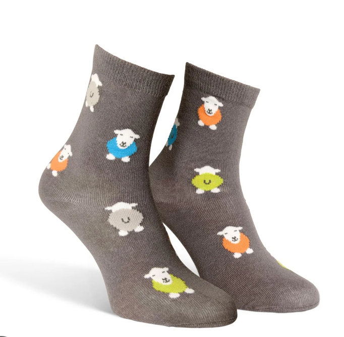 Herdy Grey socks with colourful sheep