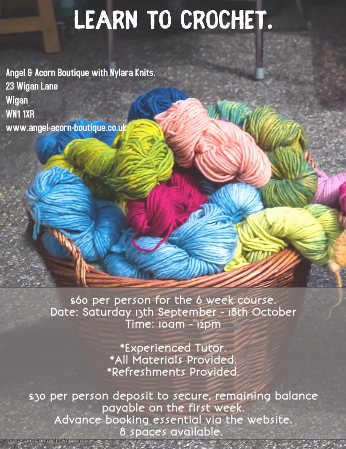 Learn to Crochet 6 Week Course. Saturday 13th September - Saturday 18th October 2025. 10am-12pm