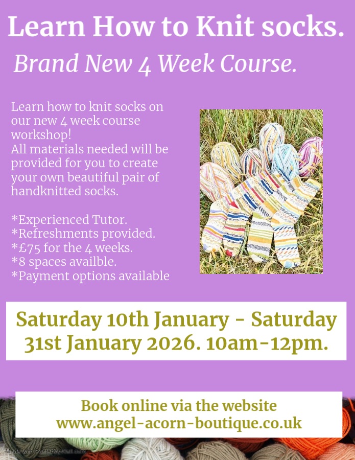 Learn to Knit Socks 4 Week Course. Saturday 10th January -Saturday 31st January (inclusive) 2026. 10am-12pm