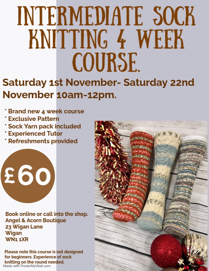 Intermediate Sock Knitting Course. Saturday 1st November - Saturday 22nd November 2025 10am-12pm