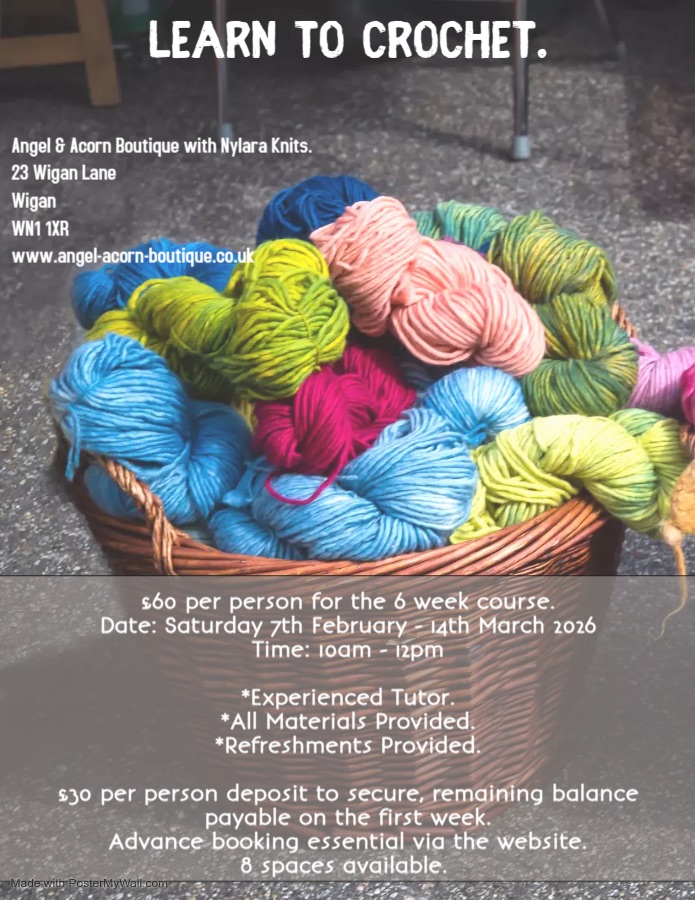 Learn to Crochet 6 Week Course. Saturday 7th February - Saturday 14th March 2026. 10am-12pm