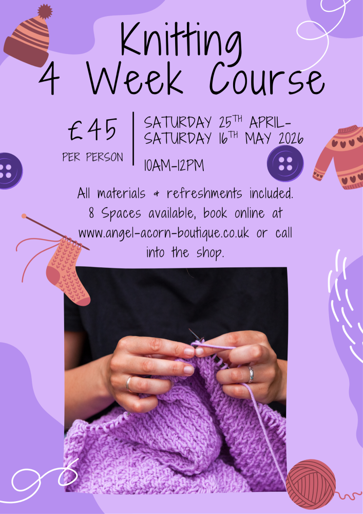 Learn To Knit 4 Week Course. Saturday 25th April- Saturday 16th May (inclusive)  2026 10am-12pm