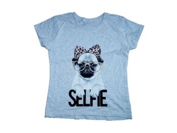 5 Girl's Pug Selfie short Sleeve Grey T-Shirt Top 5-6 x 1 and 7-8 x 4