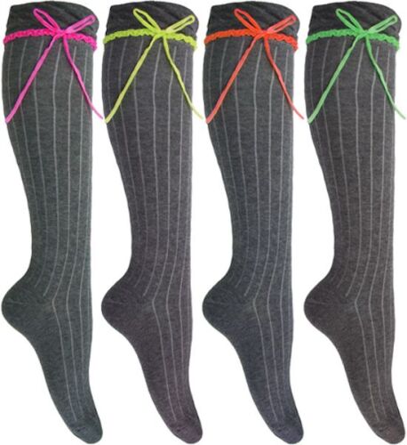 12 Girl's/Ladies Knee High Grey Socks with Neon Ribbon Size 4-6
